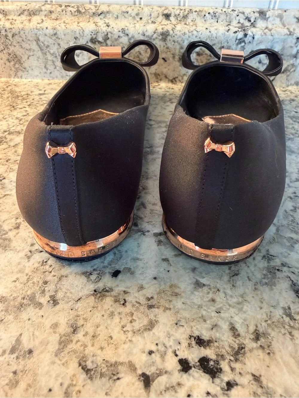 Ted Baker London Black Pointed Ballet Flats with Rose Gold Bow Accent Size 38
